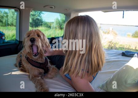 Hund gähnend, junge Frau im Lieferwagen, Camping, Campingbus Stockfoto