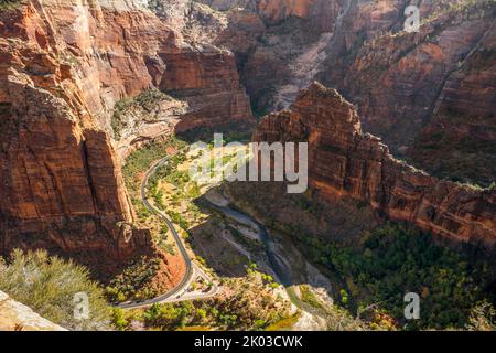Der Zion National Park liegt im Südwesten von Utah an der Grenze zu Arizona. Es hat eine Fläche von 579 kö² und liegt zwischen 1128 m und 2660 m Höhe. Blick vom Scout Lookout in das Tal des Virgin River Stockfoto