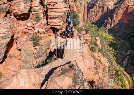 Der Zion National Park liegt im Südwesten von Utah an der Grenze zu Arizona. Es hat eine Fläche von 579 kö² und liegt zwischen 1128 m und 2660 m Höhe. Streckenabschnitt auf dem Angels Landing Trail Stockfoto