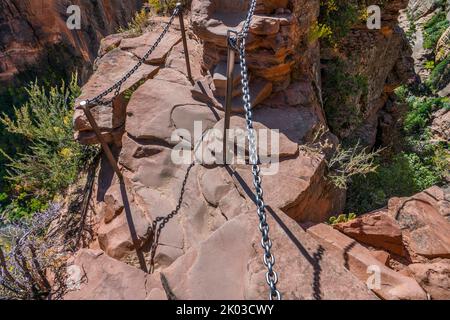 Der Zion National Park liegt im Südwesten von Utah an der Grenze zu Arizona. Es hat eine Fläche von 579 kö² und liegt zwischen 1128 m und 2660 m Höhe. Streckenabschnitt auf dem Angels Landing Trail Stockfoto