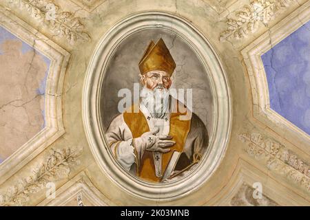 Saint-Ambroise, Évêque de Milan. Peinture. Eglise Saint-Jean Baptiste. Megève. Haute-Savoie. Auvergne-Rhône-Alpes. Frankreich. Europa. Stockfoto