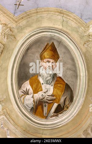 Saint-Ambroise, Évêque de Milan. Peinture. Eglise Saint-Jean Baptiste. Megève. Haute-Savoie. Auvergne-Rhône-Alpes. Frankreich. Europa. Stockfoto