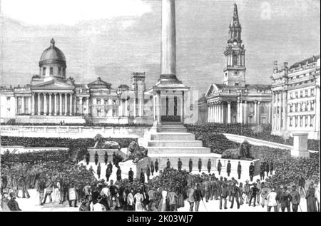 „Trafalgar Square während der Sitzungen der Arbeitslosen und der Sozialdemokraten“, 1886. Aus „Die Grafik. An Illustrated Weekly Newspaper Band 33. Januar bis Juni 1886“. Stockfoto