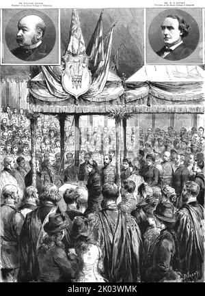 „The Queen Leying the Foundation Stone of the New Medical Examination Hall on the Victoria Embankment“, 1886. Aus „Die Grafik. An Illustrated Weekly Newspaper Band 33. Januar bis Juni 1886“. Stockfoto