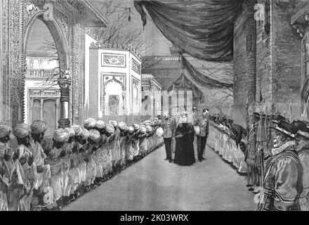 'Die Eröffnung der Colonial and Indian Exhibition by the Queen - 'Twixt East and West', 1886. Aus „Die Grafik. An Illustrated Weekly Newspaper Band 33. Januar bis Juni 1886“. Stockfoto