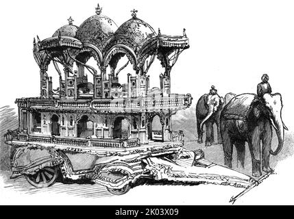 'The Colonial Exhibition, Indian section, model of the State Elephant Carriage Belonging to the Maharadscha of Ulwar', 1886. Aus „Die Grafik. An Illustrated Weekly Newspaper Band 33. Januar bis Juni 1886“. Stockfoto