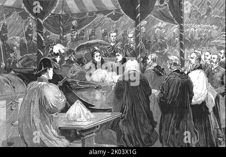 „Der Besuch der Königin in Liverpool - der Schreiber liest die Korporation vor der St. George's Hall“, 1886. Aus „Die Grafik. An Illustrated Weekly Newspaper Band 33. Januar bis Juni 1886“. Stockfoto