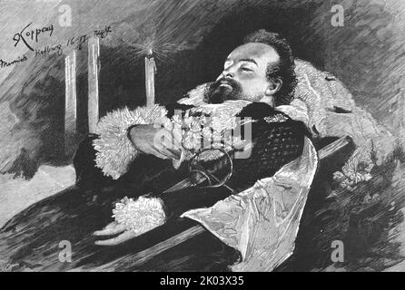 „Der Tod von König Ludwig II. Von Bayern - der König liegt im Staat in der Kapelle des alten Schlosses, München“, 1886. Aus „Die Grafik. An Illustrated Weekly Newspaper Band 33. Januar bis Juni 1886“. Stockfoto
