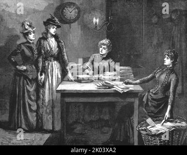 „Madame Leroux“; von Francis Eleanor Trollope; „Ich hoffe, wir stören Sie nicht. Uns wurde gesagt, dass wir hier hereinkommen sollen', sagte Lucy sanft', 1890. Aus „Die Grafik. An Illustrated Weekly Newspaper“, Band 41. Januar bis Juni 1890. Stockfoto