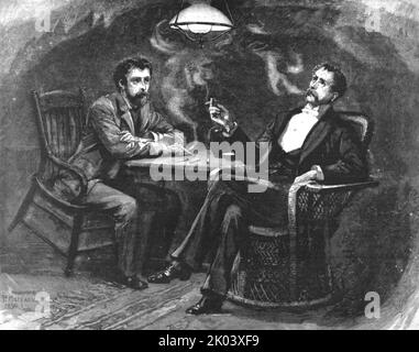 'Madame Leroux'; von Francis Eleanor Trollope; Rushmere, der abstrakt den Rauch seiner Zigarette zur Decke steigen sah, blickte hier auf Zephany herab und fand ihn mit gefalteten Armen auf dem Tisch, sich nach vorne lehnend, mit einem Ausdruck des größten Interesses auf seinem beweglichen Gesicht', 1890. Aus „Die Grafik. An Illustrated Weekly Newspaper“, Band 41. Januar bis Juni 1890. Stockfoto