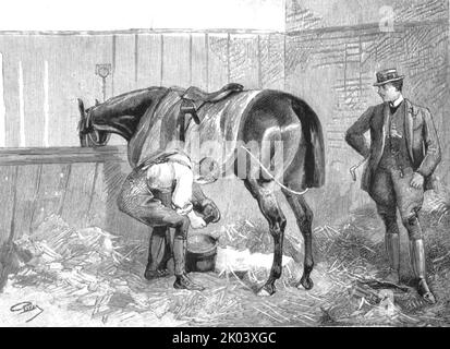 „The Racing Season- Notes at Newmarket; an Owners Visit to His Racing Stall“, 1890. Aus „Die Grafik. An Illustrated Weekly Newspaper“, Band 41. Januar bis Juni 1890. Stockfoto