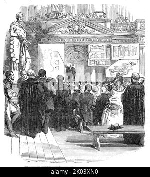 Professor Willis, Dozent im Senatshaus, Cambridge, 1854. Vortrag über die Architektur von Cambridge. „Professor Willis bemerkte, dass die älteste Autorität bezüglich Cambridge die von Dr. Caius war. Veröffentlicht in der Regierungszeit von Königin Elizabeth und ein Buch mit alten Drucken, veröffentlicht von One Loggan, einem Holländer, im Jahr 1688. Für eine lange Zeit war das Hochschulsystem, so wie es sein Gebäude betrachtete, sehr unvollkommen. Die frühen Colleges und Hostels hatten keine Kapellen, aber die Studenten besuchten die Pfarrkirche. Nachdem er die chronologische Geschichte der frühesten Colleges in Oxford und Cambridge verglichen hatte, kam er auf die Kamera Stockfoto