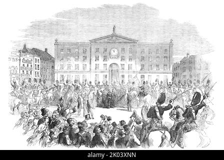 Die Schotten Grauen verlassen Nottingham für den Krieg im Osten, 1854. Britische Truppen, die zum Krimkrieg aufbrach: „Der Bürgermeister... nachdem er vereinbart hatte, die Truppen öffentlich zu verabschieden... versammelte sich das Unternehmen an der Börse... die Straßen waren von Zuschauern gesäumt, die den mutigen Kerle Respekt und gute Wünsche zollen wollten... dann wurde der alte „Liebende-Becher“ der Corporation hergestellt, Und mit Wein gefüllt, der Bürgermeister (J. Rücksichtslos, RA) wandte sich an den Oberst und seine Offiziere, indem er das öffentliche Gefühl für das gute Verhalten des Regiments einschüchterte und die Heilung vorschlug Stockfoto