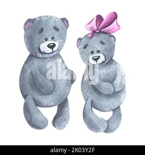 Ein niedliches Paar Teddybären, ein Junge und ein Mädchen mit Schleife, Stofftiere. Aquarelldarstellung. Isolierte Objekte aus einem großen VALENTINSTAG-Set. Für Stockfoto