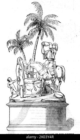 Goodwood Race Prize - Arabische Gruppe in der Wüste, 1854. Trophäe für Pferderennen. 'Cup... ausgeführt von den Herren Garrard vom Haymarket und repräsentiert einen arabischen Reiter, der einen Krug Wasser in der Wüste von einer Frau empfängt, die an der Seite eines Brunnenbocks stationiert ist, den der Künstler ein Kind, eine Ziege und ein Kind mit guter Accessorial-Wirkung vorgestellt hat; Zwei Palmen winken über die Köpfe all dieser, und machen die allgemeine Zusammensetzung sehr angenehm. Mr. Cotterill, von dem das ganze entworfen wurde, hatte während seines kürzlichen Besuchs im Osten viele Gelegenheiten, orientalische Landschaften und Kostüme zu sehen, und er hat eine Stockfoto