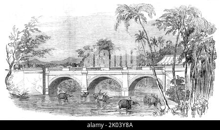 Eröffnung einer neuen Brücke in Travancore [Thiruvananthapuram in Südindien] - die Rajah-Prozession, 1854. Die Brücke wurde von seiner Hoheit, dem Rajah, in großem Stil geöffnet...Unsere Ansicht zeigt, nahe der Mitte der Brücke, den großartigen Staatswagen des Rajah... gefolgt von den Fürsten, Höflingen und einheimischen Beamten, in Kutschen und Palankinen, mit ihren begleitenden Heerscharen von Peons, Und von einer Reihe von Elefanten in ihren Hofkostümen. Unten, auf dem Flussbett, befanden sich eine Schar von Elefanten, die sich mit den Kanonen und den Menschenmengen zusammenschlossen, um ihre laute Freude zu verkünden. Im Stockfoto