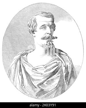 Die Büste von Herrn Park des Imperators der Franzosen, 1854. Porträt Napoleons Bonaparte III.: „Die Büste hat heroische Ausmaße und ist heroisch in der Behandlung. Die Gestalt ist unverkennbar und unbeachtbar: Die bemerkenswerte Form der Stirn, in der die zentralen Organe so vorstehend und eng verstrickt sind ... die fein geformte Nase; und die Kompression der Muskeln um den Mund, die selbst durch einen Schnurrbart verdeckt ist ... jede Erscheinung wurde sorgfältig untersucht und mit bewunderungswürdiger Unterscheidung verwirklicht'. Aus „Illustrated London News“, 1854. Stockfoto