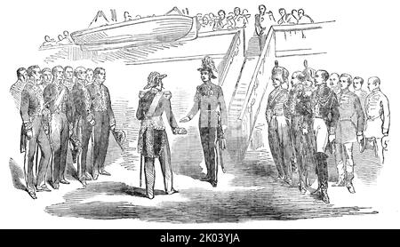 Das Treffen seiner Königlichen Hoheit Prinz Albert und des Imperators der Franzosen, in Boulogne, 1854. Napoleon Bonaparte III. Begrüßt Prinz Albert in Frankreich. Prinz Albert erkannte den Kaiser, zog seinen Hut ab und begrüßte seine Majestät, die das Kompliment äußerst anmutig zurückgab... sobald die Gangway gemacht war, trat seine königliche Hoheit eilig an Land, der Kaiser ging zum Fuß der Gangway, um ihn zu treffen. Ein herzlichster Handschlag wurde ausgetauscht...der Prinz sah bemerkenswert gut aus und trug die Uniform eines Feldmarschalls...die königliche Yacht war ein Objekt von großem Interesse Stockfoto