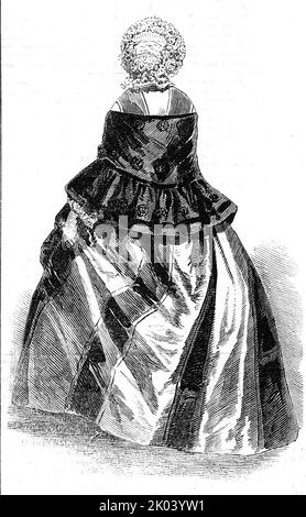 Pariser Mode für Oktober 1854. Haube aus Reisstroh und Blond; Popeline-Kleid, mit breiten Streifen; Sarcenet Schal-Mantilla, mit gestempelten Runden verziert und mit Guipure oder Netz getrimmt; das Material der Mantilla wird durch Kettenstich befestigt. Die Sommer-Mantillas sind seit einiger Zeit so gemacht worden, dass sie der Jahreszeit, die voranschreitet, entsprechen können; die Farbe des Sarcenets ist dunkler, und die offene Stickerei hat abgenommen'. Aus „Illustrated London News“, 1854. Stockfoto