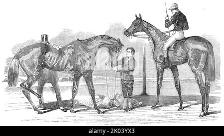 Die Doncaster-Sieger: St. Leger - "Ritter von St. George"; Doncaster Cup - "Virago", 1854. „Am Ende der Rennsaison im letzten Jahr kam [Knight of Saint George] in den Besitz von Mr. Morris, dem derzeitigen Besitzer... der Sieg... wurde mit herzhaftem Jubel gefeiert, Wegen Morris' sehr verdienstvollen und geradlinigen Verhaltens, seine Pferde immer zu laufen, um zu gewinnen...der Ritter von Saint George ist das dritte irische Pferd, das innerhalb der letzten Jahre den Großen Heiligen Leger gewonnen hat...[Virago war] '...das Eigentum von Henry Padwick, Deren Rasen nom de guerre Stockfoto