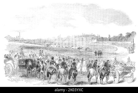 Neue Rennstrecke und Hippodrom, in Longchamps, 1854. Der Kaiser von Frankreich '...caused, um eine riesige Rennbahn und Hippodrom angelegt werden - eine mindestens der größten, wenn nicht der größte, in der Welt. Es liegt unmittelbar vor dem Bois de Boulogne [in der Nähe von Paris]...it ist letztlich nicht nur für Rennen und Hindernisrennen, sondern auch für Regatten (für die die seine die Anlage bietet), eine große Schwimmschule, Fußrennen, Und andere Sportarten mit ähnlichem Charakter...der Kurs selbst ist so angelegt, dass für Hindernisläufe und andere lange Strecken eine Fahrt von etwa drei englischen Mill möglich ist Stockfoto