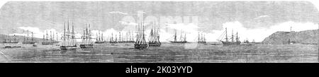 Die Transportflotte, die die Truppen in Varna einsteigt, 1854. Szene aus dem Krimkrieg: Das Schwarze Meer vor der Küste Bulgariens. Die Schiffe der Royal Navy kommen mit britischen Soldaten an. „„City of London“, 41. Regiment; „Megaera“; „Vulcan“, 30. Regiment; Krankenhausschiff; Transporte; „Emperor“, „Montebello“, 7. Fusiliers, F. R. - Admiral; Englisch Transporte; "Tynemouth", 4. Regiment; "Star of the South"; "Dunbar", 79. Regiment; "Retribution" kommt in; Türkisch Fort'. Aus „Illustrated London News“, 1854. Stockfoto