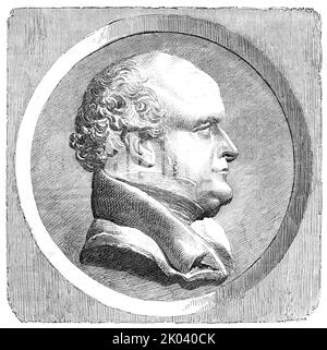 Medallisches Porträt von Sir J. Franklin, von David, 1854. '...ein medallisches Porträt des beklagten Sir John Franklin, ausgeführt in Bronze von M. David'. 1845 führte der britische Offizier der Royal Navy und der Polarforscher, der Konteradmiral Sir John Franklin, eine unglückliche Expedition an, um die Nordwestpassage zu durchqueren. Seine Schiffe wurden eisgebunden vor König William Island in dem heutigen Nunavut, wo er im Juni 1847 starb. Die eisgebundenen Schiffe wurden zehn Monate später aufgegeben und die gesamte Besatzung starb an Ursachen wie Hunger, Unterkühlung und Skorbut. Aus „Illustrated London News“, 1854. Stockfoto