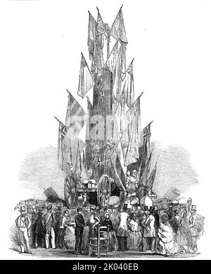 Die große militärische Trophäe, im Kristallpalast, 1854. Fete hielt in Sydenham im Süden Londons, zur Unterstützung von "...Fonds für die Linderung der Kranken und Verwundeten und Witwen und Waisen der Kräfte Ihrer Majestät in den russischen Krieg engagiert [Krimkrieg] ... eine große Trophäe ... bestand aus Fahnen, Kanonen, Und andere Waffen ... und wurden unter der Aufsicht von Herrn G. Stacey, dem Lagerhalter am Tower [von London], entworfen und hingerichtet. Die Basis bestand aus einer runden Plattform...auf der Reihen von Kanonenkugeln platziert wurden. Über der Basis befanden sich zwei Messingkanonen, die in Bomarsund aufgenommen wurden, und in entgegengesetzten Winkeln zwei Mörser Stockfoto