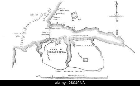 Neue Russische Werke, 1854. Krimkrieg. Karte mit dem belagerten Schwarzmeerhafen von Sebastopol. Englische, französische und türkische Schiffe sind über den Eingang zum Hafen verteilt, auf beiden Seiten befinden sich die russischen Forts Constantine und Alexander. Zwischen diesen befindet sich eine Reihe versunkener russischer Schiffe, die den Durchgang in den Hafen behindern. Ebenfalls markiert sind die Werft, Telegraph Fort, Wasp Fort und "New Earth Works" (defensive Position). Aus „Illustrated London News“, 1854. Stockfoto