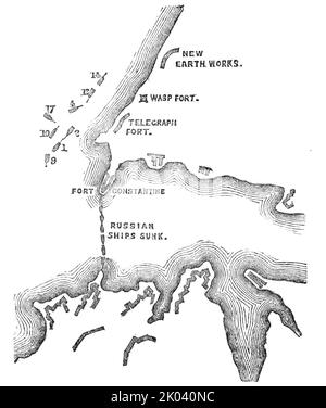 Plan des Angriffs bei 5,30pm, als diese fast ausschließlich die Schiffe waren, die mit den Forts beschäftigt waren, 1854. Krimkrieg. Karte mit dem belagerten Schwarzmeerhafen von Sebastopol. Englische, französische und türkische Schiffe sind über den Eingang zum Hafen verteilt, auf beiden Seiten befinden sich die russischen Forts Constantine und Alexander. Zwischen diesen befindet sich eine Reihe versunkener russischer Schiffe, die den Durchgang in den Hafen behindern. Ebenfalls markiert sind das Telegraph Fort, Wasp Fort und 'New Earth Works' (defensive Position). Aus „Illustrated London News“, 1854. Aus „Illustrated London News“, 1854. Stockfoto