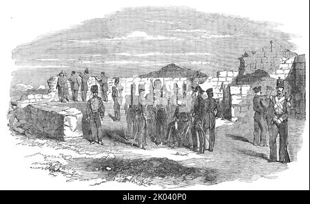 The Quarries Field, Hauptquartier von Lord Raglan, vor Sebastopol, 1854. Krimkrieg: Fitzroy HJ Somerset, 1. Baron Raglan, General der Ordnance britischer Truppen auf der Krim, plant den Angriff auf die Stadt Sebastopol. "Lord Raglan wird in den Steinbrüchen vor der dritten (Sir R. Englands) Division sein; General Canrobert im Maison d'Eau, links von der britischen Linie und rechts von der französischen Position." Aus „Illustrated London News“, 1854. Stockfoto