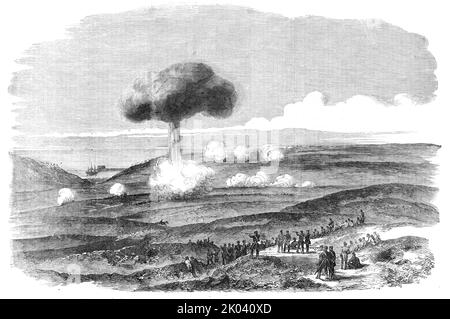 Die Belagerung von Sebastopol - Explosion eines Pulvermagazins in den englischen Gräben, 1854. Krimkrieg. Absendung von General Canrobert: 'Gestern, bei Sonnenaufgang, haben wir gemeinsam mit der englischen Armee das Feuer eröffnet. Die Dinge gingen gut vor sich, als die Explosion eines Pulvermagazins, das zu einer Batterie gehört - die unglücklicherweise eine große war - unseren Angriff etwas störte. Diese Explosion hatte umso mehr Auswirkungen, als sich unsere Batterien an der Stelle ansammelten, an der sie stattfanden. Der Feind nutzte es aus, um ihr Feuer zu erhöhen; und nach Rücksprache mit dem General, der die Artillerie befehlige, I d Stockfoto