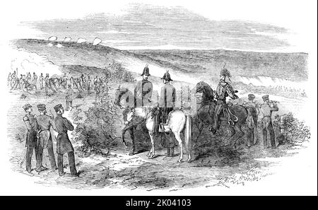 Die Russen aus Sebastopol - General Sir De Lacy Evans und Staff, 26. Oktober 1854. Krimkrieg: Britische Offiziere auf dem Schlachtfeld. 'Der Feind [die russische Armee] zog am 26. mit einer großen Armee von Infanterie, Kavallerie und Artillerie aus Sebastopol aus - in Höhe von 6000 oder 7000 Mann - und griff die Linke der Zweiten Division an, die von Generalleutnant Sir De Lacy Evans kommandiert wurde, Die sie schnell und energisch abwehrten, unterstützt von einer der Batterien der Ersten Division und einigen Gewehren der Licht-Division, unterstützt von der Brigade der Wachen und von mehreren Stockfoto