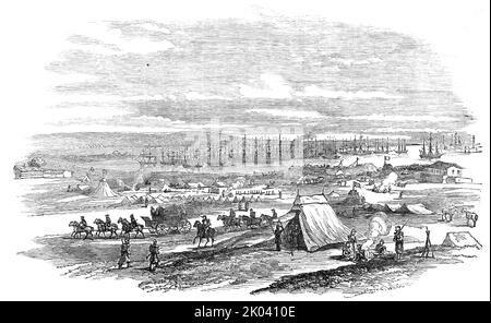 Französische Truppen landen am Kap Chersonese, 1854. Krimkrieg. „Der vorspringende Steg ist überfüllt mit kriegerischen Geräten, die kürzlich von den Transporten gelandet sind, von denen eine große Anzahl vor Anker liegt. Eine Reihe von Militärwagen, von denen einige von sechs oder acht Pferden gezogen wurden, mit berittenen Fahrern, geht zum Lager über. Ein Blick in das Zelt der Intendanten im Vordergrund zeigt, dass mehrere Personen beschäftigt sind, die Berichte ausschreiben, die an die Hauptquartiere weitergeleitet werden sollen...im Falle eines Angriffs der Russen, die Kriegsschiffe in der Bucht would...be in der Lage sind, den Truppen an der Küste wirksam zu helfen... Stockfoto