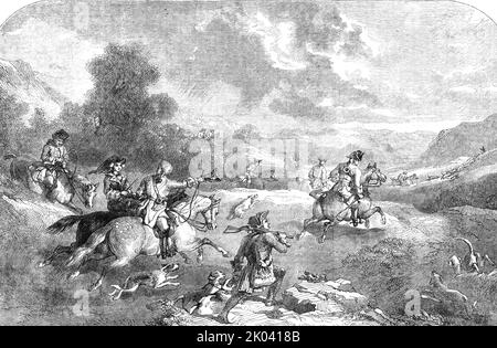 Hirschjagd in der Regierungszeit von George II.. - Nach einem Gemälde von Frederick Tayler, 1854. Die dicken, dicken, grobgezüchteten Pferde; die riesigen Jagdhörner; der Hefepräker, Mit den langsamen lyme-Jagdhunden in Paaren, mit denen er den Hirsch markiert hat, damit das schnellere Rudel "zwingt" - alle sprechen vom Zeitalter der langsamen, stattlichen, wissenschaftlichen Jagd, die in diesem Land unter den Formen fortgeführt wurde, Und mit den Bedingungen unserer normannischen Eroberer, bis der Fortschritt der Landwirtschaft unsere Wälder verdünnte und die großen Hirscharden ausrottete, die bis zur Mitte des achtzehnten Jahrhunderts, Stockfoto