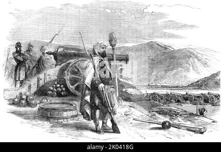 Spahi (algerische Truppen), französische Batterie auf den Höhen von Balaclava - nach einer Skizze von Leutnant Montagu O'Reilly, 1854. Krimkrieg. „Die Spahis, von denen wir in der türkischen Geschichte lesen, waren eine Kavallerie, die von Amurath I. organisiert wurde, der auch der Gründer der Janissaries war. Zu einer Zeit waren sie die gewaltigsten Soldaten im Dienst des Sultans; Aber ihr Disziplinarmangel (der anscheinend genauso schlimm war wie der der Bashi-Bozouks) führte zu vielen Beschwerden gegen sie, und sie wurden schließlich vom letzten Sultan Mahmoud aufgelöst. Die Spahis [hier abgebildet] sind Alge Stockfoto