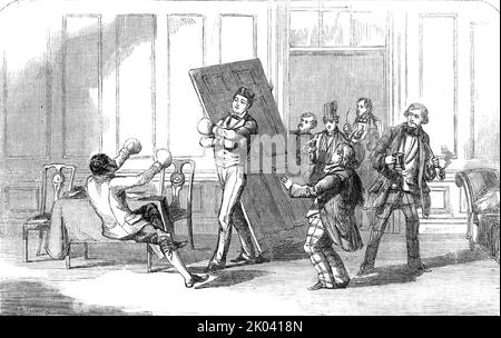 Szene aus der neuen Farce von "The Slow man", im Adelphi Theater, 1854. Bühnenshow in London. '...die außergewöhnliche Szene in Mr. Mark Lemons farce...in, die der epische Dichter, der der Held des Stückes ist, von Hector Rackett und seinen Freunden der Phantasie, mit dem Tierboxer, sehr zu seiner persönlichen Unruhe, Und ganz zum Verderben des großen Werkes, das er projiziert hatte. Die aufsehengebende Nachgebenheit... ist im Bühnenvorfall neu und hätte sie ausreichend vorbereitet, hätte sie für das Drama, in dem sie eingeführt wurde, einen dauerhaften Ruf geschaffen...Autoren des Dramas haben es nicht Stockfoto