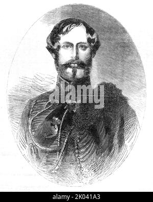 His Grace, der Herzog von Leeds, Mover of the Address to her Majesty, in the House of Lords, aus einem Familiengemälde, 1854. Porträt des britischen Peers und Politikers Francis George Godolphin-D'Arcy D'Arcy-Osborne, 7. Herzog von Leeds. „Der jetzige Herzog ist der älteste Vertreter des gefeierten Herzogs von Marlborough und erbt folglich das Fürstentum des Imperium, da er die einzige Erbin von Henrietta, der Herzogin von Marlborough, der ältesten Tochter des Großherzogs, ist; während der jetzige Herzog von Marlborough die zweite Tochter, Anne, Gräfin von Sunderland, vertritt. Seine Gnade, die auch das ce repräsentiert Stockfoto