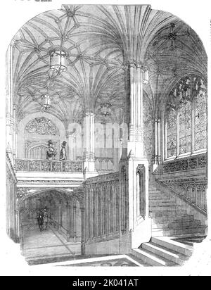 Die neuen Houses of Parliament - Members' Staircase, House of Commons, 1854. Das Innere des Palace of Westminster, London, entworfen im viktorianischen gotischen Stil von Augustus Pugin. „Geclusterte Säulen in der Mitte und auf jeder Seite stützen ein Steindach, das am aufwändigsten genartet ist; die Kreuzungen des Nierens haben Bosse von unendlicher Vielfalt an Charakter und Detail. Die Fenster... sind mit wunderschönen Glasmalereien gefüllt; und nachts wird die Treppe von Laternen beleuchtet, die von den Zentren der sich kreuzenden Bögen des Daches hängen...Verkleidungen und Quatre-Folien füllen die Wände an den Seiten des Ts Stockfoto