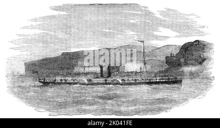 Der Vier-Rad-Donaudampfer "Tachtalia", 1854. „Im Rahmen einer von der österreichischen Regierung erteilten Charta wird dem Unternehmen das exklusive Privileg des regelmäßigen Verkehrs auf der Donau verliehen...die kaiserliche und königliche Dampfschifffahrtsgesellschaft Donau...die Firma...hat diese Unannehmlichkeit nun überwunden [Felsen in der Nähe der Oberfläche der Donau], Nachdem sie gerade zu ihrer Flotte einen Dampfer hinzugefügt hat, der das Eiserne Tor passieren kann, in allen Staaten des Flusses - ihr Tiefgang, mit Passagieren und Treibstoff, nur 12 Zoll und eine Hälfte. Dieses Schiff wurde von den Herren J. und A. Blyth, dem emi, gebaut Stockfoto