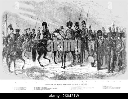 'Uniform der russischen Armee - erste Kavalleriedivision', 1854. Aus „Cassells Illustrated Family Paper; London Weekly 31/12/1853 - 30/12/1854“. Stockfoto