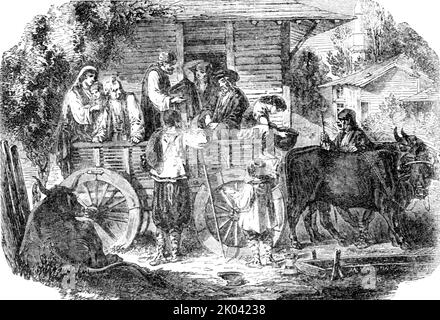 „Bulgarischer Bauerneingang; Landwagen“, 1854. Aus „Cassells Illustrated Family Paper; London Weekly 31/12/1853 - 30/12/1854“. Stockfoto