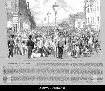 „Ankunft der schottischen Fusilier-Wachen an der Südwestbahn auf ihrem Weg nach Southampton (und der Ostsee); berichtet am Samstag, 8. April 1854“, 1854. Aus „Cassells Illustrated Family Paper; London Weekly 31/12/1853 - 30/12/1854“. Stockfoto