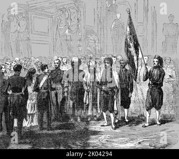 'Übergabe der algerischen Flagge an den Kaiser der Franzosen', 1854. Aus „Cassells Illustrated Family Paper; London Weekly 31/12/1853 - 30/12/1854“. Stockfoto