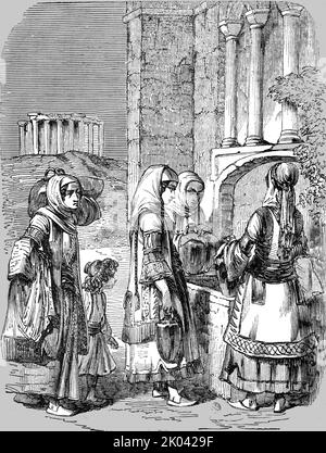 „Griechische Frauen an einem Brunnen“, 1854. Aus „Cassells Illustrated Family Paper; London Weekly 31/12/1853 - 30/12/1854“. Stockfoto
