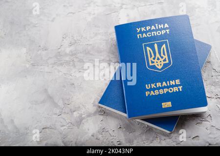 Zwei ukrainische biometrische Pässe auf grauem Hintergrund. Minimalismus. Kampf für Freiheit und Unabhängigkeit in der Ukraine gegen russische Aggression, Emigrati Stockfoto