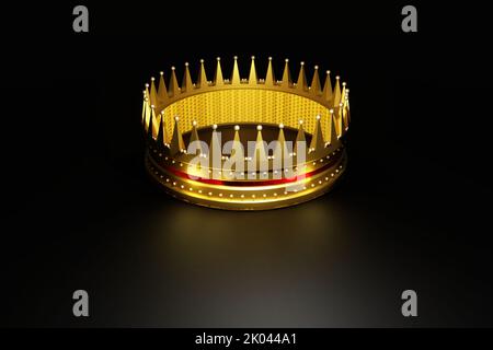 Goldene Krone isoliert auf schwarzem Hintergrund. 3D Darstellung rendern. Stockfoto