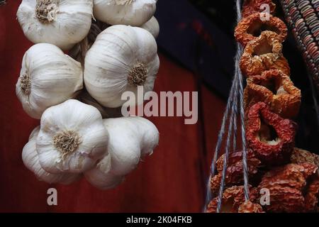 In der Vitrine des orientalischen Marktladens in Heidelberg, Bayern, hängt ein Knoblauchgeflecht. Dunkelbrauner Hintergrund. Nahaufnahme. Seitenansicht. Stockfoto