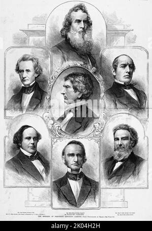 Porträts der Mitglieder des Kabinetts von Präsident Lincoln - Simon Cameron, S. P. Chase, Gideon Welles, W. H. Seward, Montgomery Blair, Caleb B. Smith, Edward Bates (1861). Illustration des amerikanischen Bürgerkriegs des 19.. Jahrhunderts aus Frank Leslie's Illustrated Newspaper Stockfoto