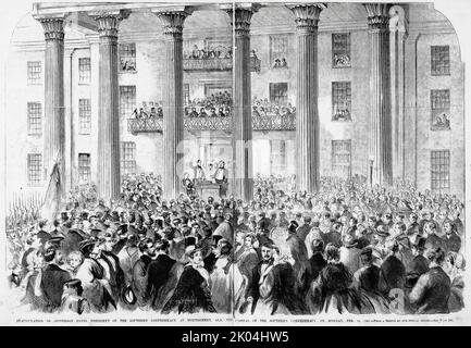 Einweihung von Jefferson Davis, Präsident der Südkonföderation, in Montgomery, Alabama, der Hauptstadt der Südkonföderation, am 18.. Februar 1861. Illustration des amerikanischen Bürgerkriegs des 19.. Jahrhunderts aus Frank Leslie's Illustrated Newspaper Stockfoto